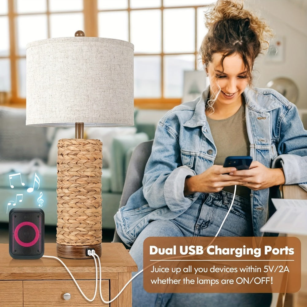 Table Lamp Set of Two with 27-Inch Woven Seagrass Bases, Linen Shades, Dual USB Ports and E26 Sockets