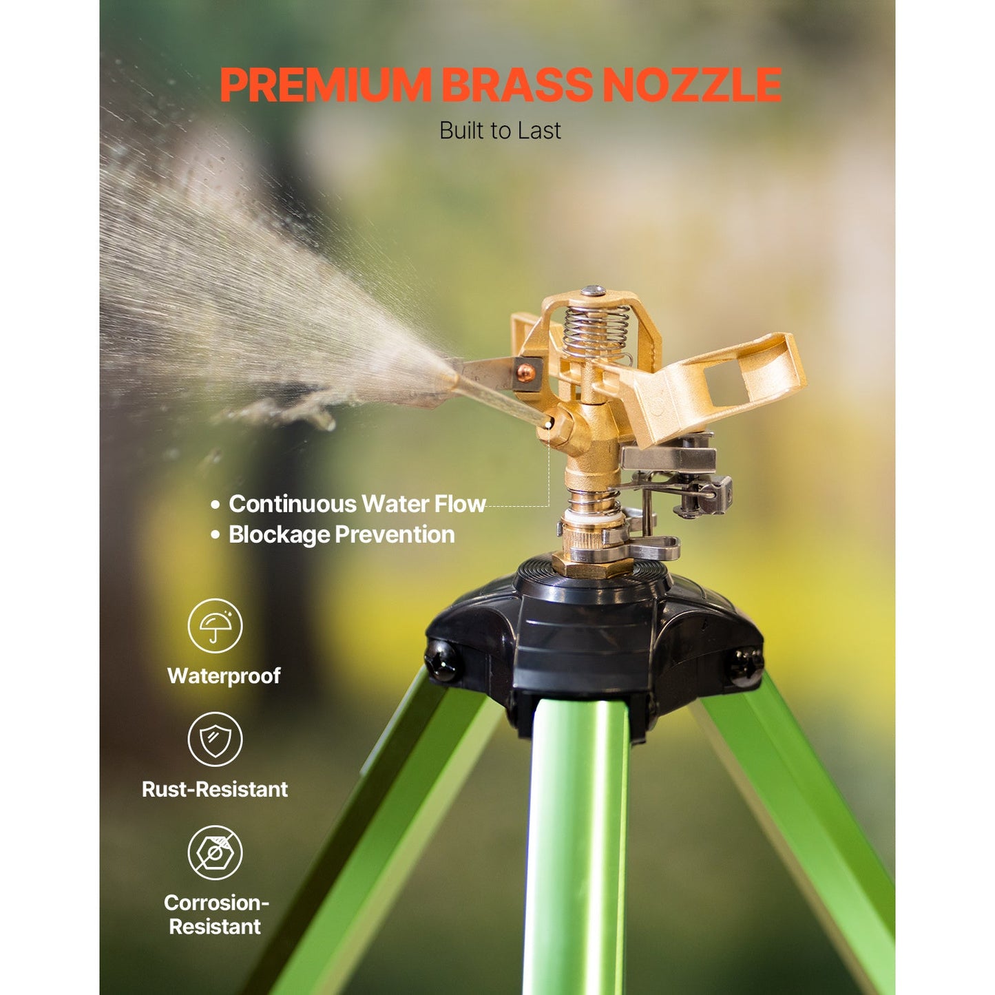 Green Tripod Garden Sprinkler with Rotating Brass Head, Adjustable Legs and Pictured 17- to 37-Inch Height