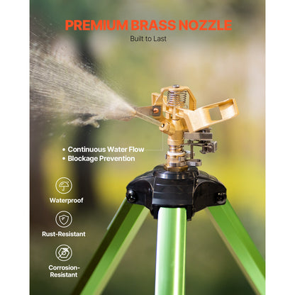 Green Tripod Garden Sprinkler with Rotating Brass Head, Adjustable Legs and Pictured 17- to 37-Inch Height