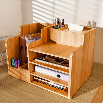 Wooden Desktop Document Organizer with File Slots, Open Shelves, Small Drawer and Approximately 38 cm Width
