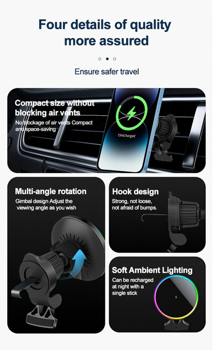 Wireless Car Charger with USB-C Adapter Included 15W Magnetic Vent Dashboard Phone Mount for iPhone 17 16 15 14 13 12 Pro Max, Samsung Galaxy S24 S23 S22, All Qi Android Phones – Black