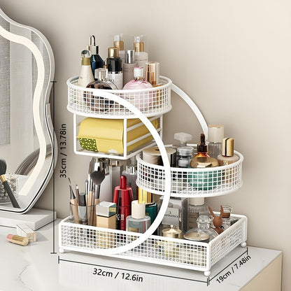 Three-Tier Metal Cosmetic Organizer with Tissue Box Holder in Black or White for Countertop Storage