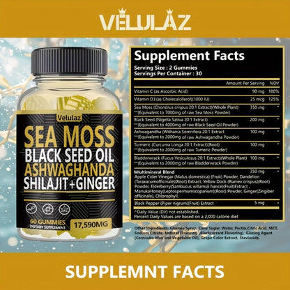 Sea Moss Herbal Gummies, 60 Count with Black Seed Oil, Ashwagandha, Shilajit and Ginger Blend