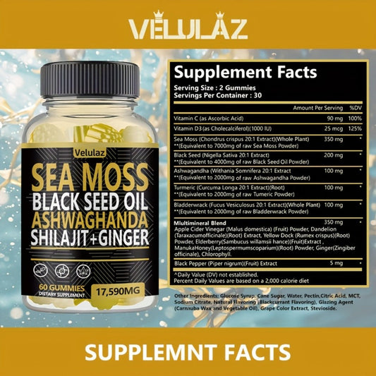 Sea Moss Gummies 10-in-1 Superfood Blend 60 Count 17590mg - Black Seed Oil Ashwagandha Shilajit Elderberry Turmeric Bladderwrack Ginger Chlorophyll Daily Immune Energy Wellness Supplement