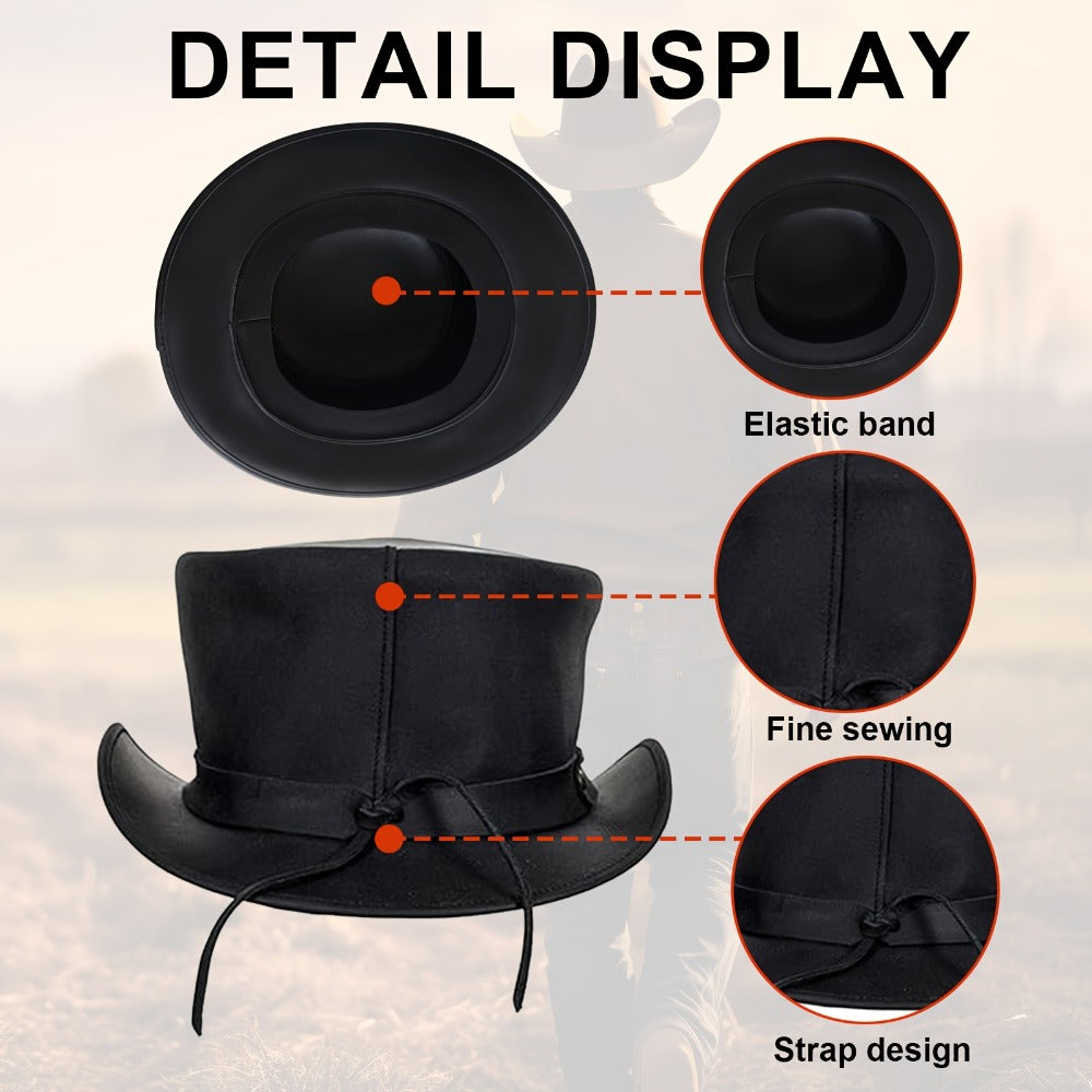 Black Steampunk Top Hat with Shapeable Wide Brim, Chin Cord and Six Source Sizes from S to 3XL