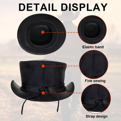 Black Steampunk Top Hat with Shapeable Wide Brim, Chin Cord and Six Source Sizes from S to 3XL