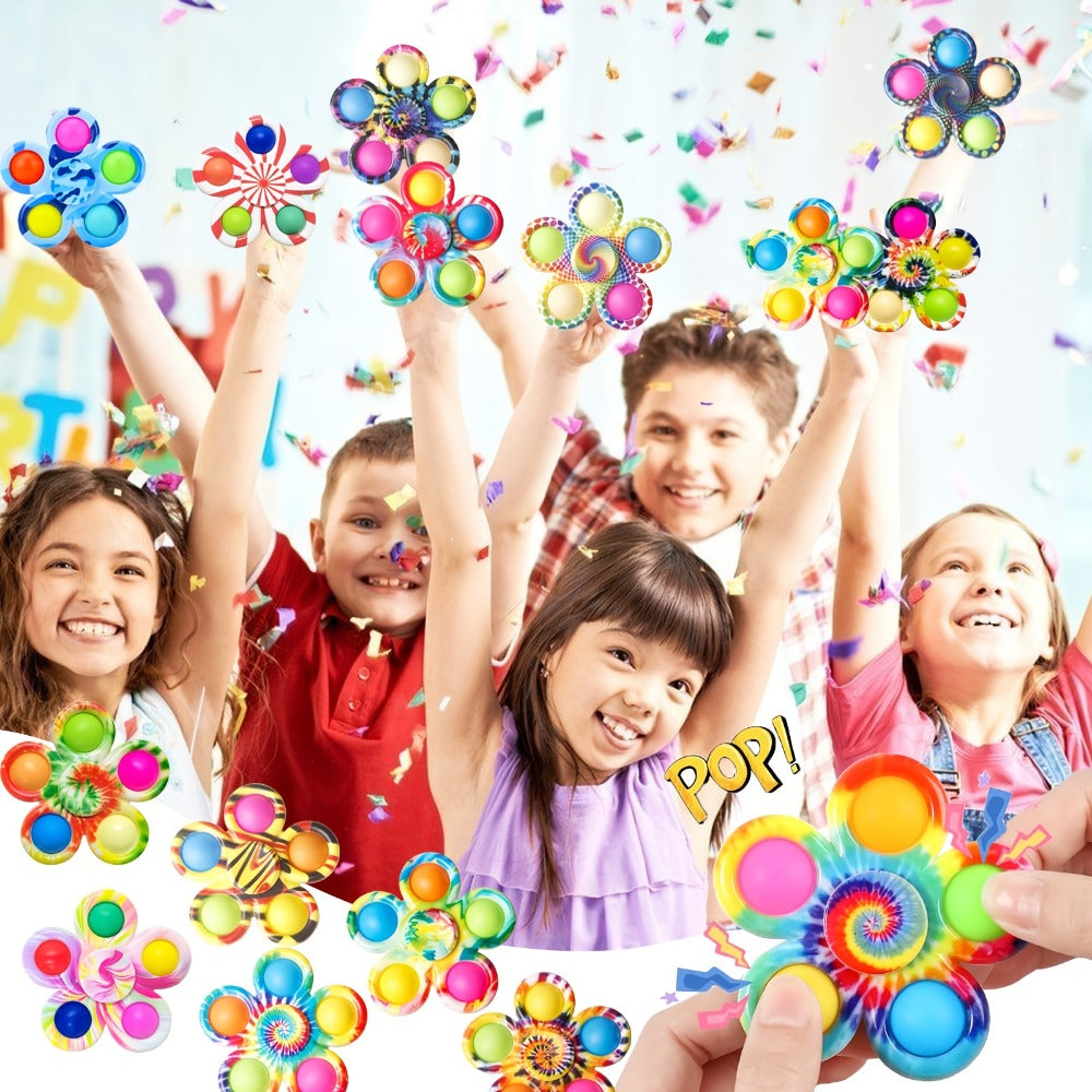Thirty-Two-Piece Bubble Pop Fidget Spinner Assortment with Colorful Mixed Flower and Round Shapes