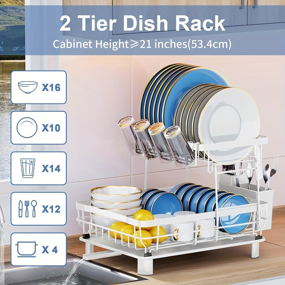Dish Drying Rack Kitchen Organizer with Two Tiers, Drain Board, Utensil Cup and Three Color Options
