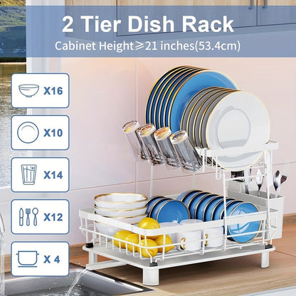 Dish Drying Rack Kitchen Organizer with Two Tiers, Drain Board, Utensil Cup and Three Color Options