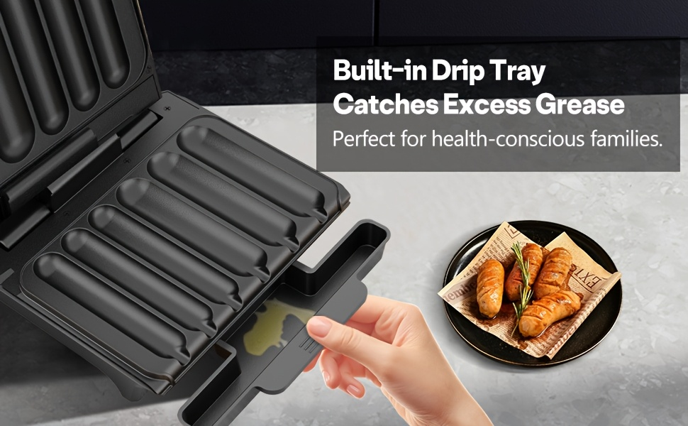 Hot Dog Roller Sausage Grill Machine 6-Slot Electric with Non-Stick Plate, Drip Tray & Cord Storage for BBQ Parties
