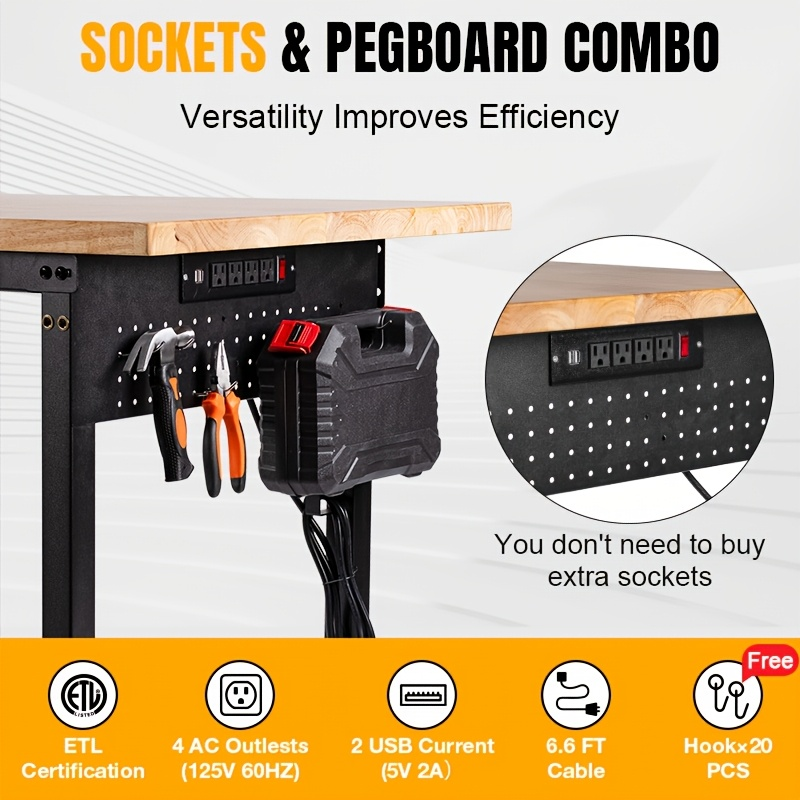 Adjustable 28–40-Inch Wood-Top Workbench in 60- or 96-Inch Widths with Pegboard, Wheels and Power Strip