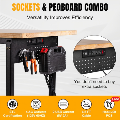 Adjustable 28–40-Inch Wood-Top Workbench in 60- or 96-Inch Widths with Pegboard, Wheels and Power Strip