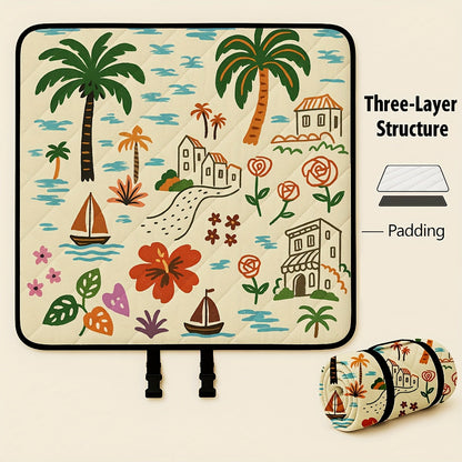 Large Padded Picnic Blanket with Carry Straps in Geometric, Palm-Village or Tropical Leaf Prints
