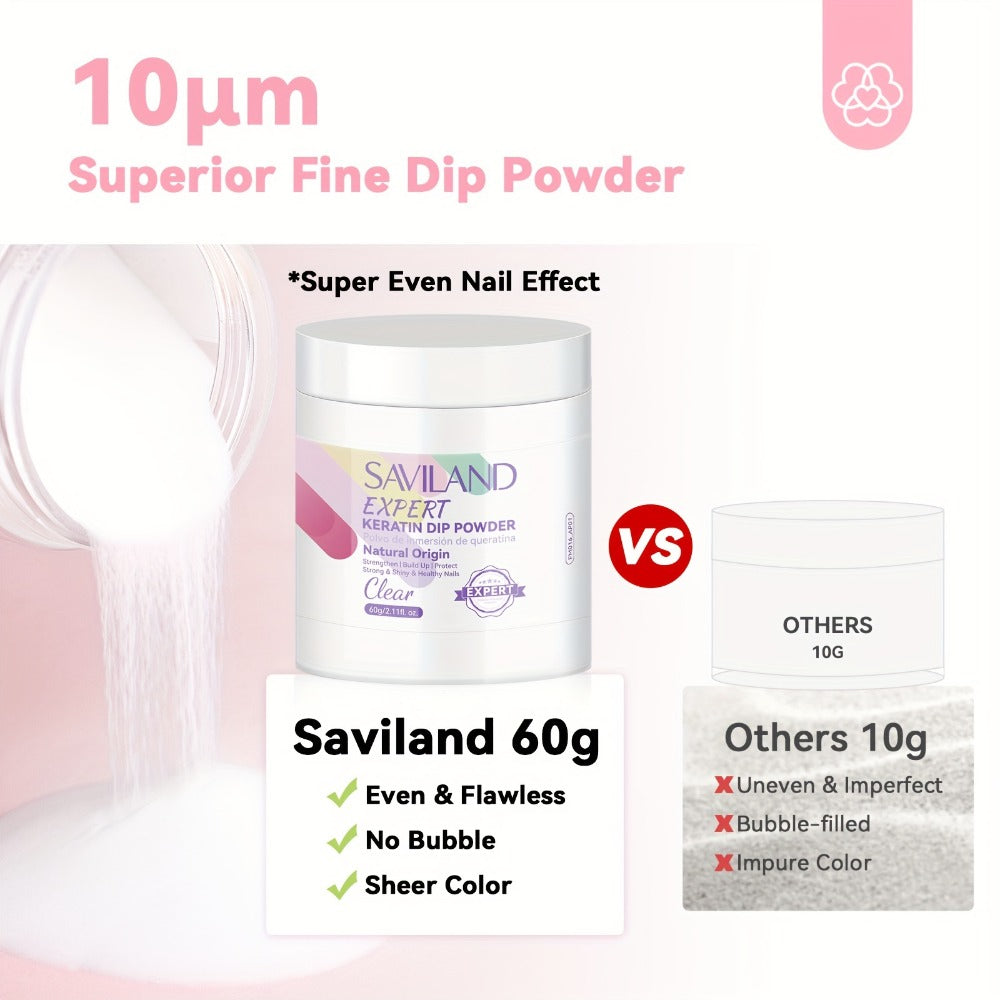 Dip Powder Nail Kit with SAVILAND Label, 60g Clear Powder, Three 15ml Liquids, Files, Buffer and Brush