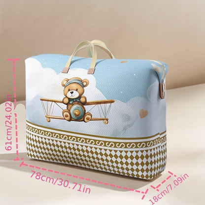 Large Zippered Bedding Storage Bag with Airplane Bear Print, Carry Handles and Exact One-Piece Size Option