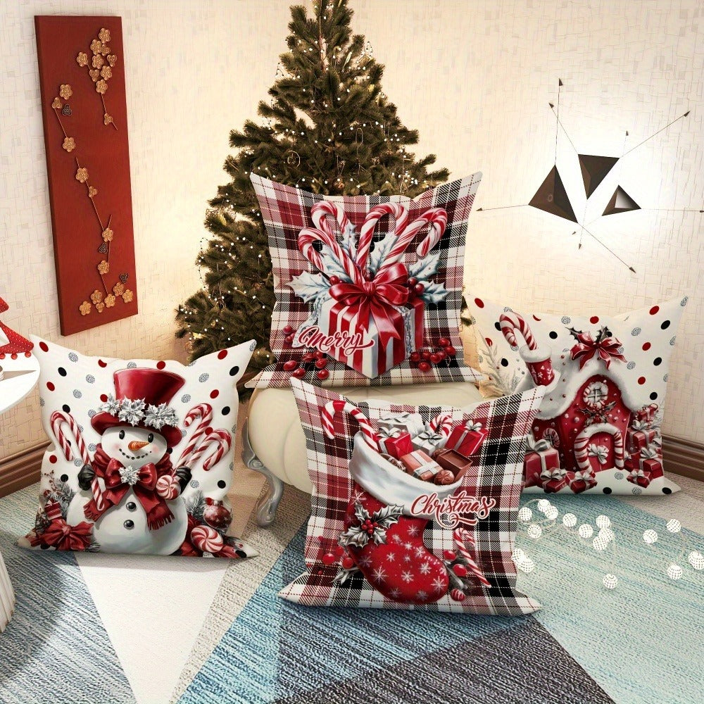 Four-Piece Christmas Pillow Cover Set, 18 x 18 Inches with Snowman, Candy Cane, Sleigh and Plaid Prints