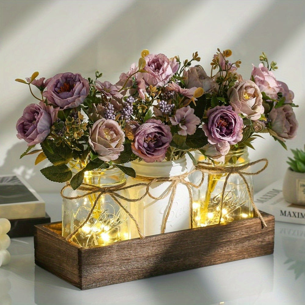 Mason Jar Centerpiece Table Decorations with Wood Tray & LED Lights – 3-Piece Farmhouse Decor Set for Dining Room, Kitchen, Living Room & Bathroom | Holiday Home Decor Gift