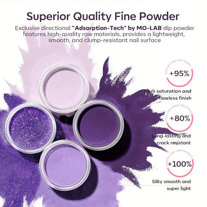 Dip Powder Nail Kit with NOCIS Label, Four Lilac Lavender Purple Glitter Powders, Three 10ml Liquids and Tools