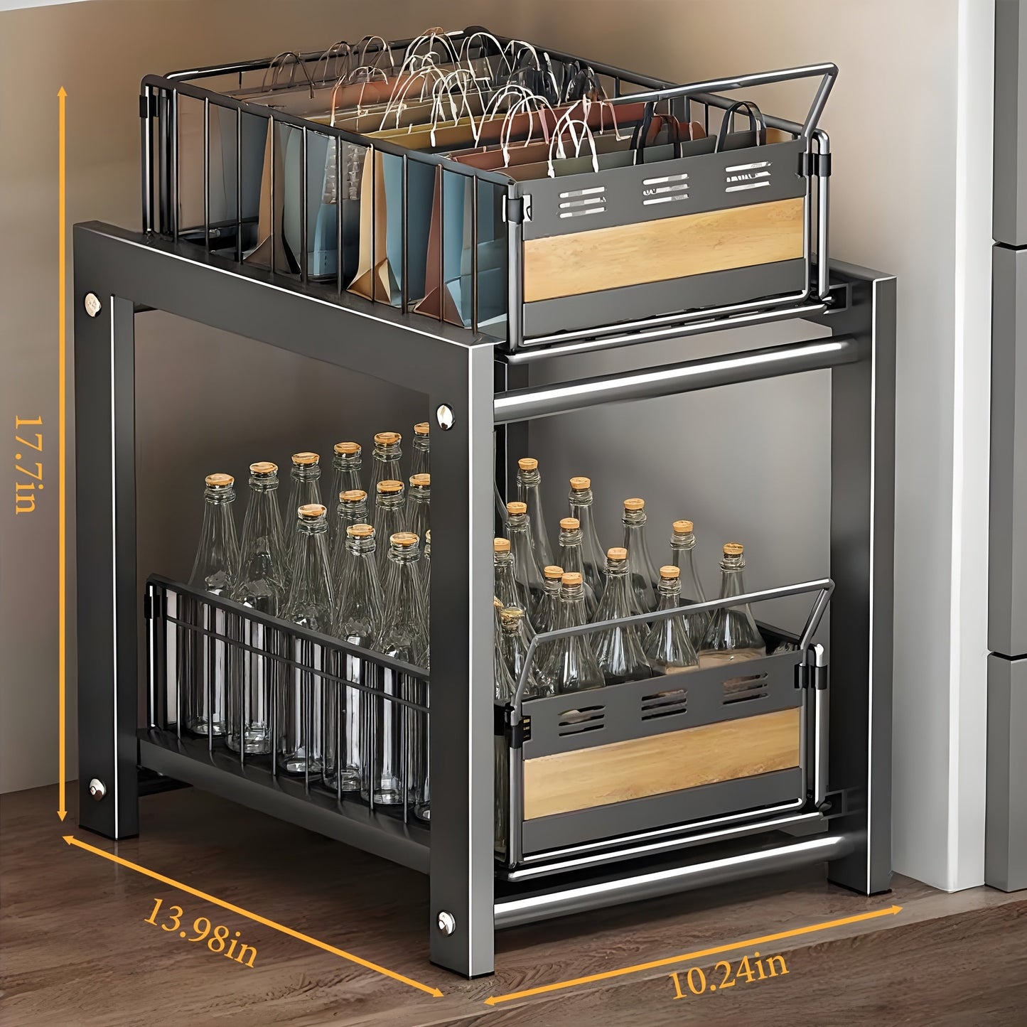 Two-Tier Pull-Out Cabinet Organizer with Dual Wire Baskets, 17.71 x 13.98 x 10.24 Inch Frame in Black or White