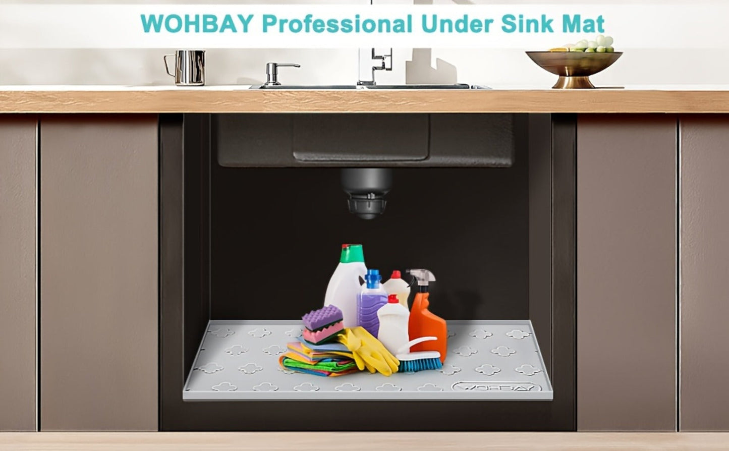 Under Sink Mat Waterproof Silicone 34" x 22" Undersink Drip Tray Liner for Kitchen Bathroom Cabinet, Holds 2 Gallons, Non-Toxic Durable Cabinet Protector with Raised Edges Four-Leaf Clover Pattern