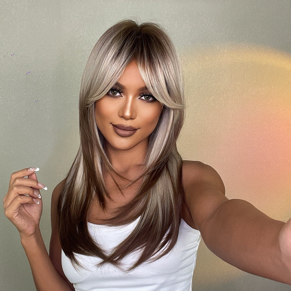 Synthetic Wig 22-Inch Straight Highlight Brown Style with Bangs and Rose Net Cap for Office Looks