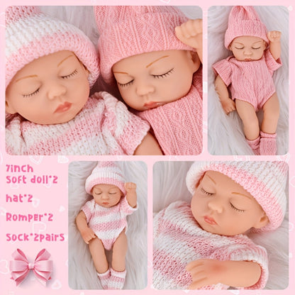 Twin Baby Doll Set with Two 7-Inch Soft Dolls, Pink Knit Hats, Rompers and Two Pairs of Matching Socks