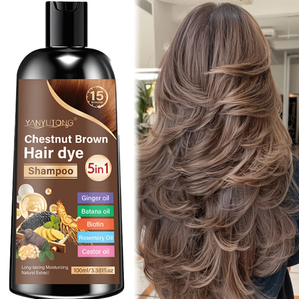 Gray Coverage Hair Dye Shampoo 5-in-1 with Ginger Oil Biotin Rosemary Castor Oil | Gentle Color Shampoo for Black Brown Chestnut Brown | No Mix Quick Application Men & Women