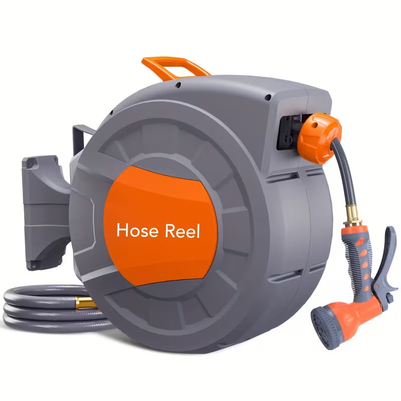 65-Foot Retractable Garden Hose Reel with 180° Swivel Wall Mount, Auto-Rewind and 9-Pattern Spray Nozzle
