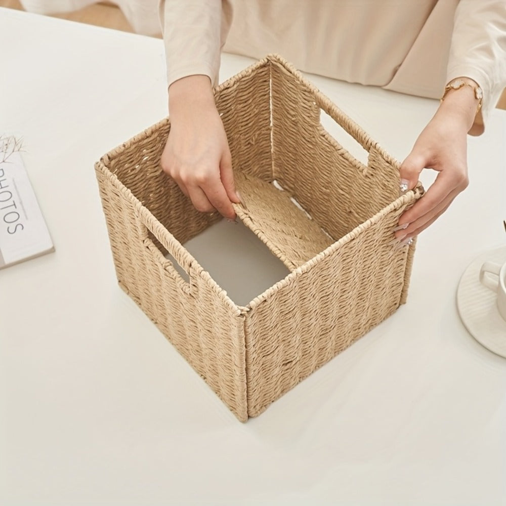 Square Woven Cube Storage Basket, 27cm on Each Side with Frame and Cutout Handles in One- or Four-Packs