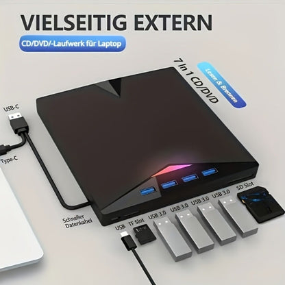 7-in-1 External DVD Drive USB 3.0 with 4 USB Ports & Dual TF/SD Card Reader - High-Speed CD/DVD Burner for Laptop Mac PC, Compatible with Windows 11/10/8/7, Linux, Plug and Play, Office Travel
