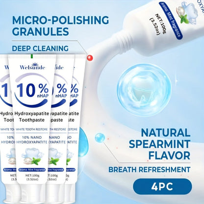 Four-Pack 100g Spearmint Toothpaste Tubes with 10% Hydroxyapatite Label and 400g Total Quantity