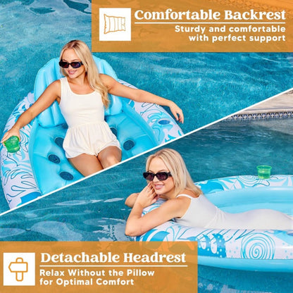 70 x 50-Inch Inflatable Pool Float Lounger with Oval Blue Body, Removable Backrest and Two Cup Holders