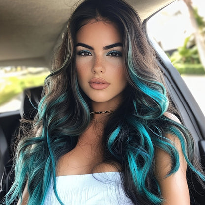 Synthetic Wig 24-Inch Mineral Green Ombre Style with Adjustable Rose Mesh Cap and Combs for Cosplay