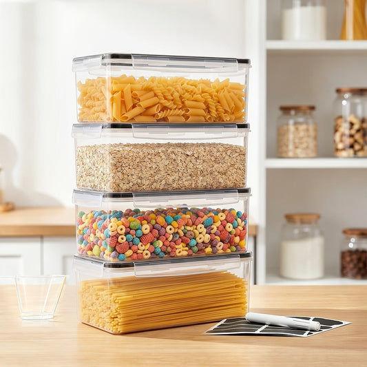 Food Storage Containers Four-Pack 108 oz PP Pantry Set with Gull-Wing Locks and Black Lids