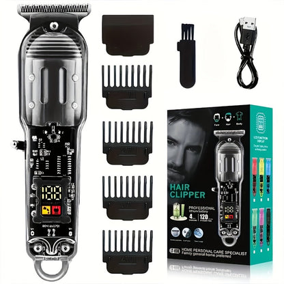 Professional Hair Cutting Kit for Men - Transparent USB Rechargeable Hair Clipper with LCD Display, T-Blade Trimmer, Electric Shaver, 4 Guide Combs & Cleaning Brush - Home Barber Grooming Gift Set