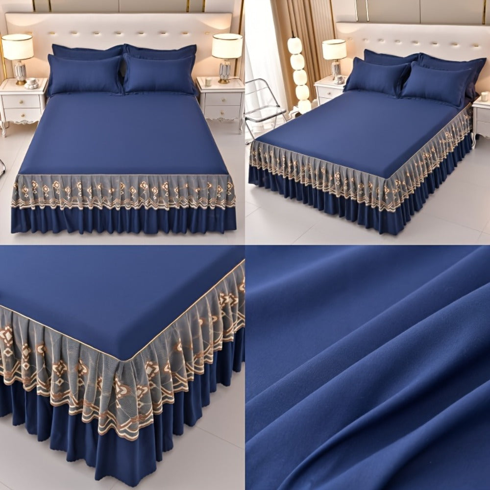 Macrame Lace Bed Skirt Set 3pcs – Double Layer Non-Slip Bed Skirt with 2 Pillowcases All Seasons Twin Full Queen King