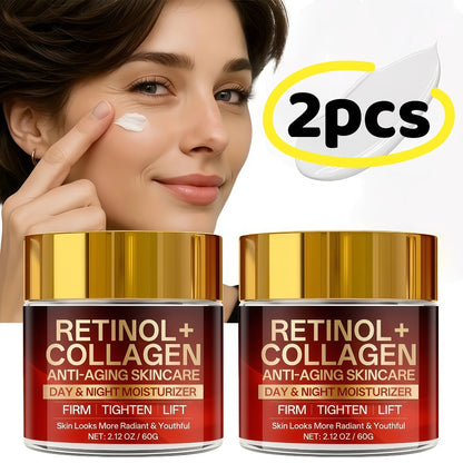 Two-Jar Day and Night Face Moisturizer Set with Retinol + Collagen Package Label and 60 g Jars