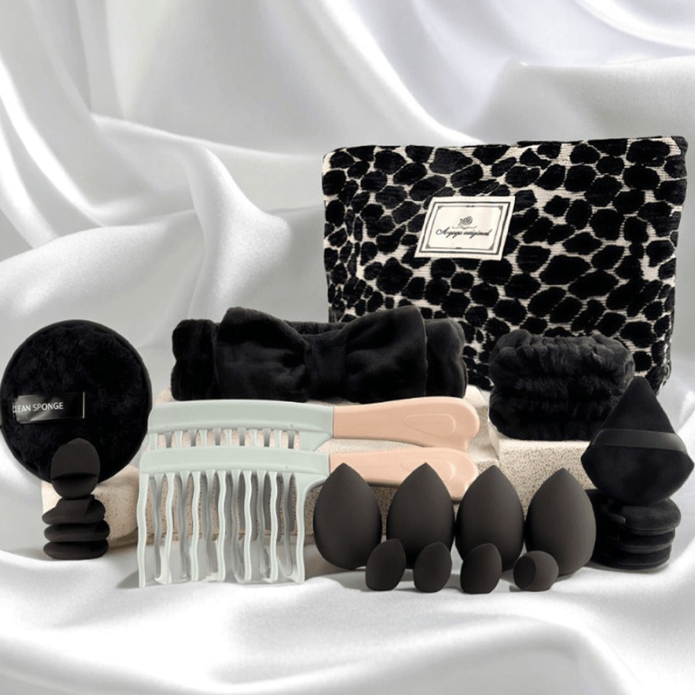 Makeup Brush Set, 23-, 44- or 47-Piece Nylon Bristle Kit with Blending Sponges and Leopard, Beige or Black Bag
