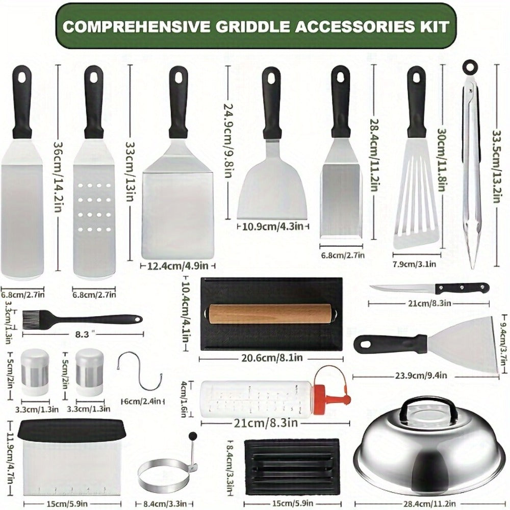 Griddle Accessories Kit 34 Piece Stainless Steel - Flat Top Grill Set with Enlarged Spatulas, Basting Cover, Scraper & BBQ Tools for Outdoor Blackstone Griddle Cooking, Barbecue Gift Set