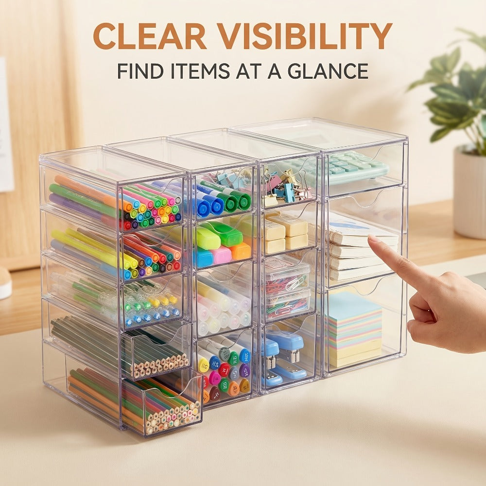 Clear Acrylic Drawer Organizer with 8 or 16 Drawers - Stackable Desktop Storage for Makeup, Jewelry, Office Supplies & Art Crafts, Modular Desk Organizer Set for Home & Office