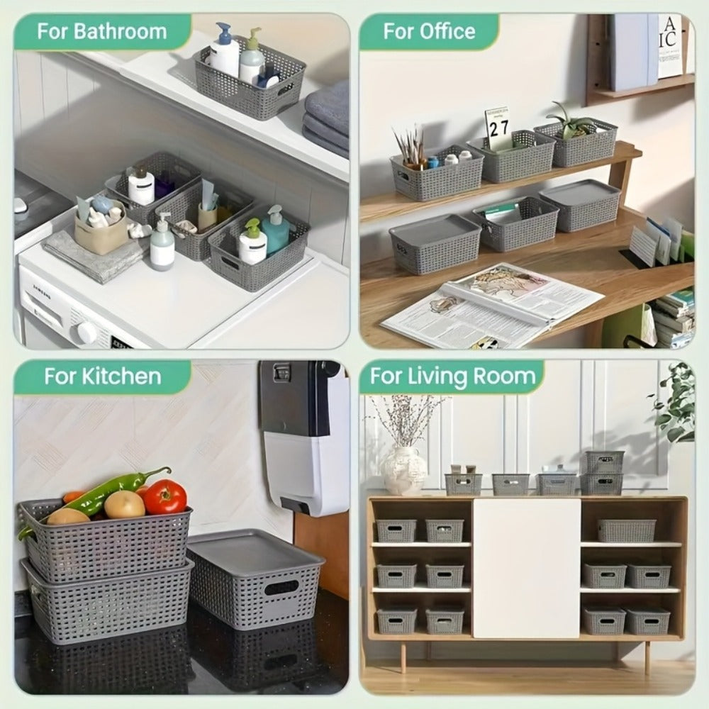 Flip-Top Lid Storage Baskets Set of 8 in White for Desktop, Documents and Shelf Organization