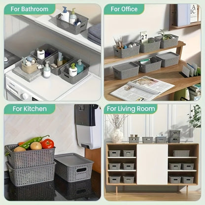 Flip-Top Lid Storage Baskets Set of 8 in White for Desktop, Documents and Shelf Organization