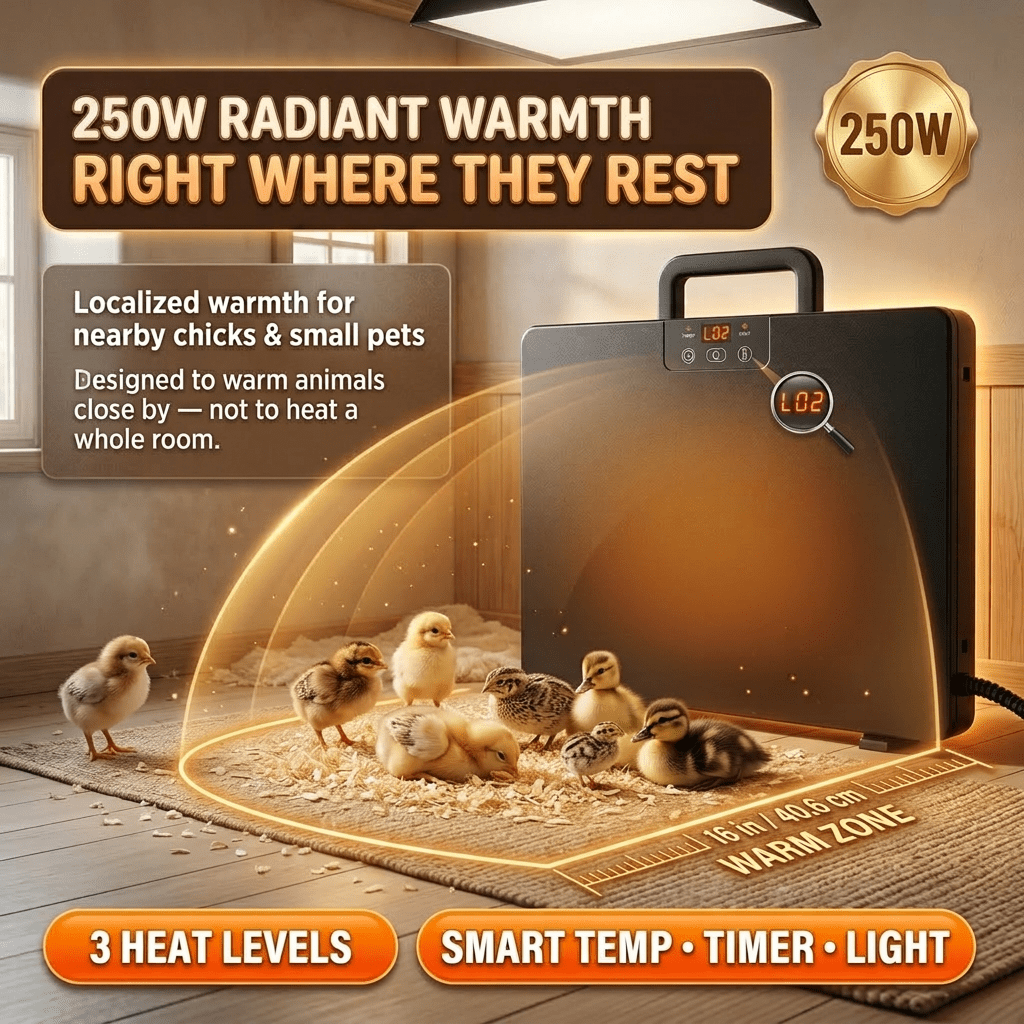 Brooder Heater 250W Heating Panel for Chicks, Ducklings & Quail | 3 Heat Levels, 4-Timer Settings, Digital Display, Dual Thermostat – Smart Heat Lamp Alternative for Coop & Brooder