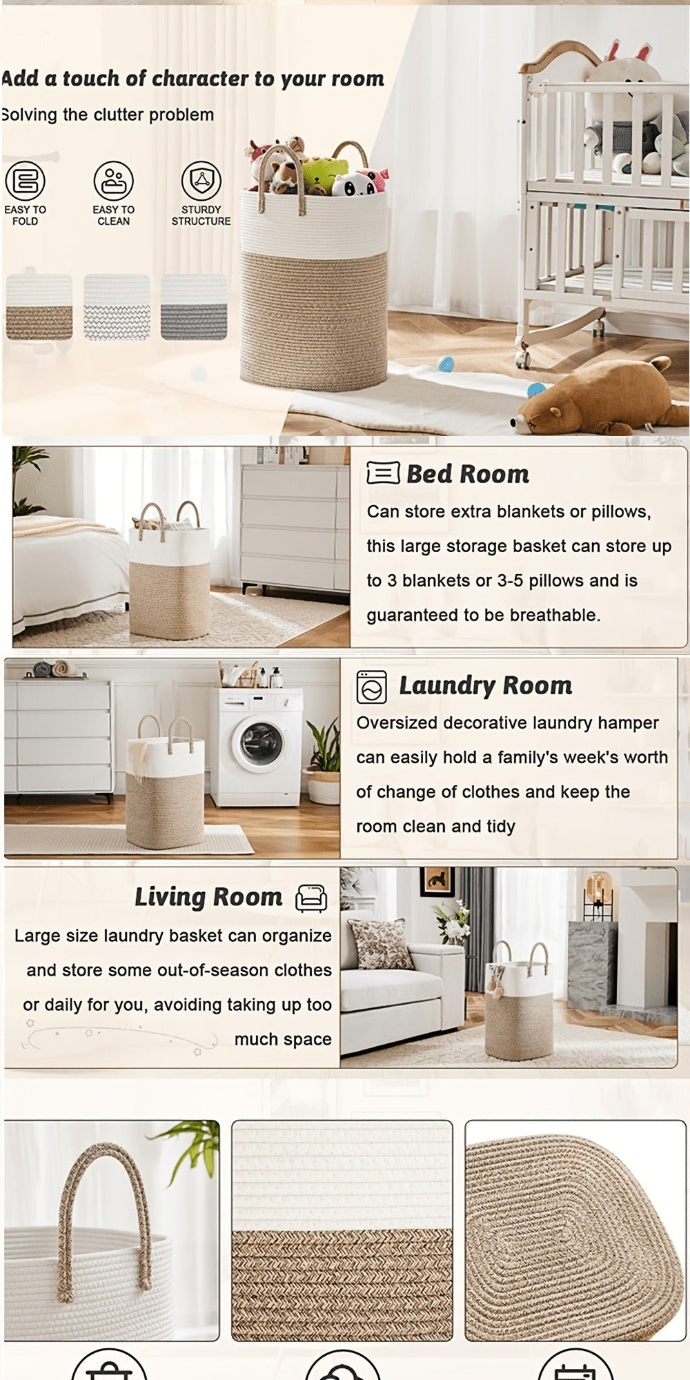 Woven Cotton Rope Laundry Basket with Twin Handles, 40L to 100L Sizes and Five Two-Tone Color Options