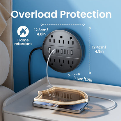 Wall Mount Power Strip Surge Protector 12-in-1 with 6 AC Outlets 4 USB-A 2 USB-C Ports Portable Compact Multi-Outlet Charging Station Wall-Mountable Extension for Home Office School – Black & White