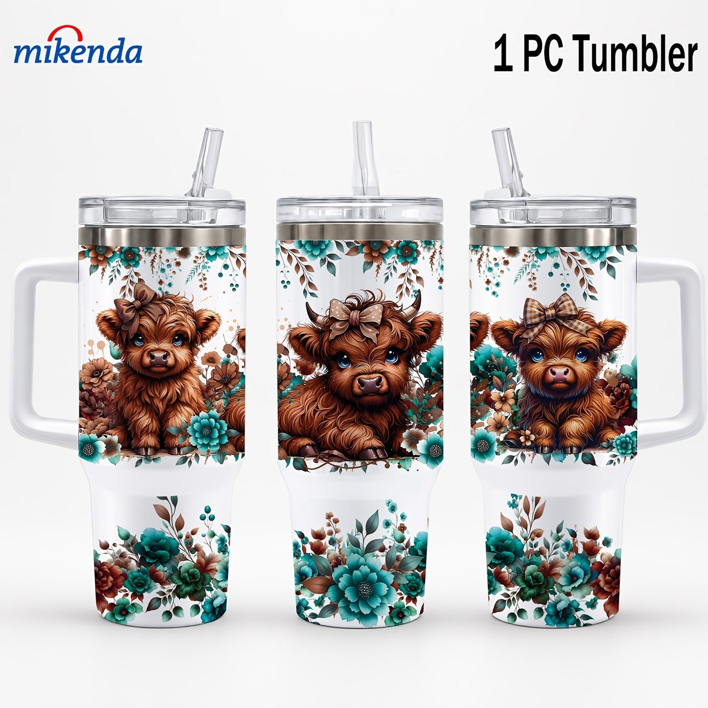 Insulated Tumbler 16oz or 40oz-2 Highland Cow Floral Graphic in 304 Stainless Steel Vacuum Design