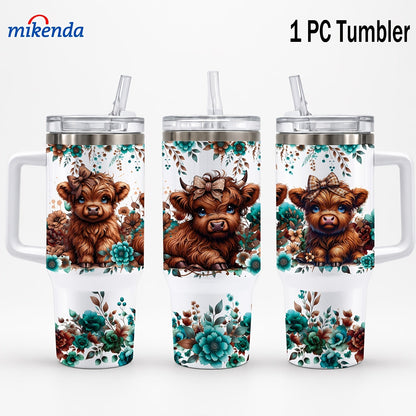 Insulated Tumbler 16oz or 40oz-2 Highland Cow Floral Graphic in 304 Stainless Steel Vacuum Design