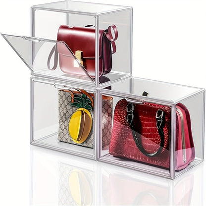 Three-Pack Clear Handbag Display Boxes with Front Magnetic Doors, Stackable Design and Exact Checkout Label