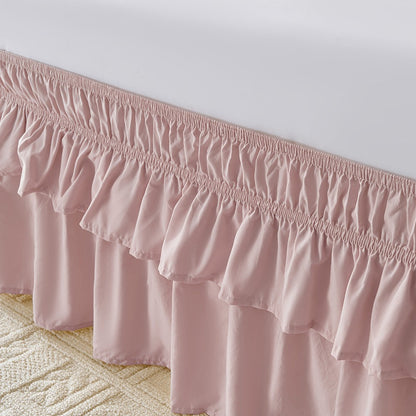 Double Ruffle Bed Skirt 16" Drop | Elastic Wrap Around Dust Ruffle for Twin Full Queen King Bed | Easy Install Machine Washable Soft Linen Poly Blend Bedskirt