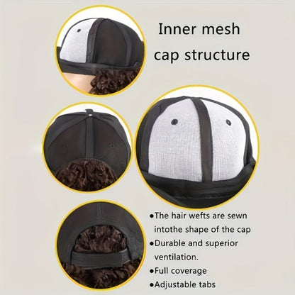 Afro Kinky Curly Baseball Cap Wig for Women 18 Inch Hat and Wig Combo Adjustable Elastic Net Long Synthetic Curly Hair Multi-Color Casual Daily Outdoor Wear